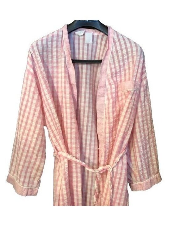 Adonna Other - vintage adonna plaid bathrobe pink white belted knee high sheer open front READ